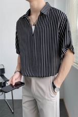 夏款拼接V领冰丝面料条纹套头五分袖短袖衬衫A328-2232-P50，男装衬衫，星座406