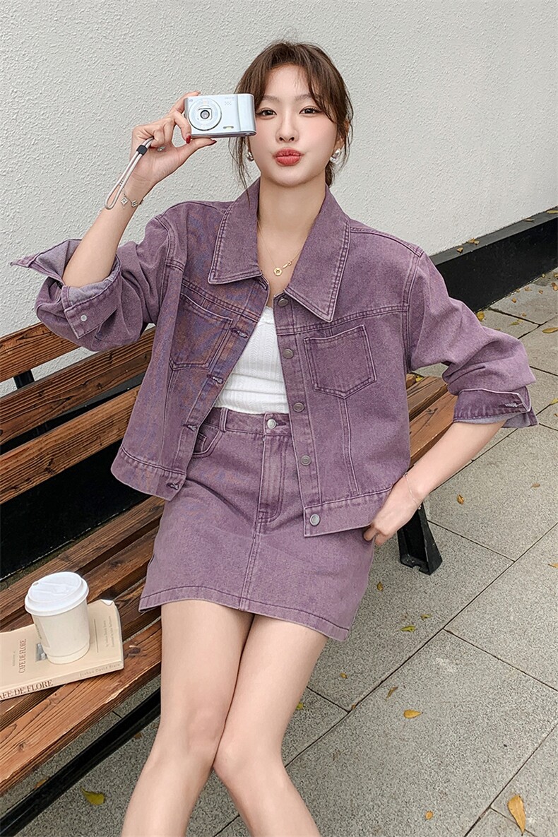 紫色复古牛仔套装裙女2025春季新款超好看减龄小个子半身裙两件套,女装套装/套裙,2C206