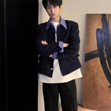 网图春秋假两件小香风拼接格子外套男士短款时髦粗花呢子夹克上衣，男装夹克，四季星座505