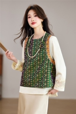 现货春季新款新中式减龄百搭圆领撞色马甲+刺绣衬衫打底两件套女，女装套装/套裙，宝儿家