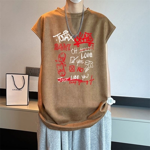可设48小时发货支持抖音得物来样二开240克重磅美式麂皮绒背心t恤图片
