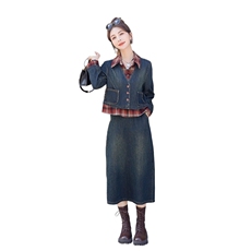 时尚春季牛仔半身裙两件套女显瘦高腰A字裙休闲百搭格子衬衫外套，女装套装/套裙，秋水欣儿