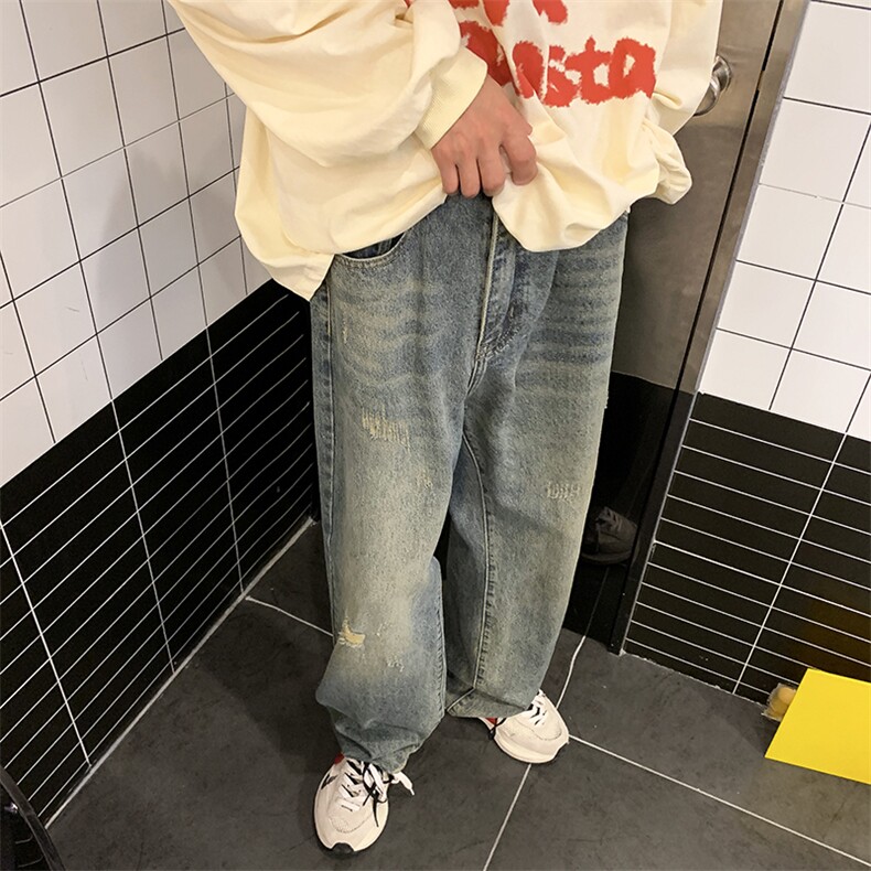 直筒牛仔裤男水洗磨破宽松休闲长裤美式高街潮牌阔腿裤子WH29-P45,男装牛仔裤,星座1008-1