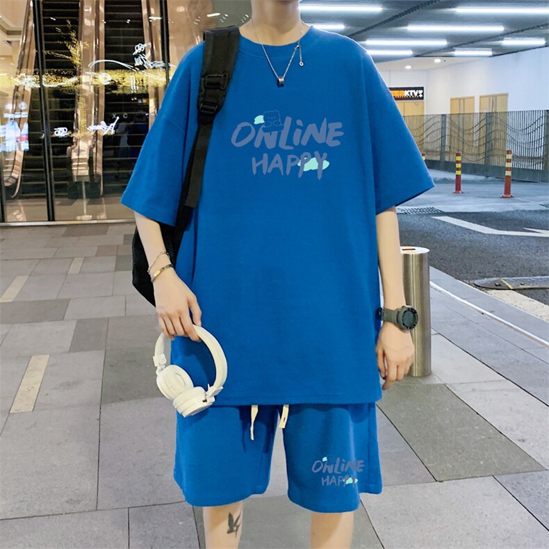 wassuphappy华夫格短袖男夏季潮牌港风宽松休闲五分裤子运动套装,男装T恤,电商B220