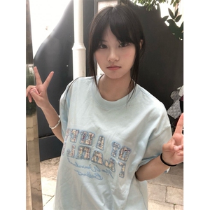 H0862-P35推荐#贴布刺绣螺纹领+包边拉肩休闲短袖T恤图片