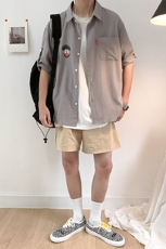 薄款潮流男士卡通印花5分袖衬衫棉短袖大码花衬衣CS32，男装衬衫，电商A020
