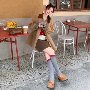 格子PU皮翻领拼接风衣外套女2025新款小个子今年流行休闲大衣图片