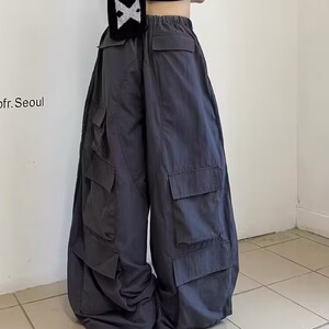 秋款男女工装裤大口袋机能垂感阔腿三条杠条纹长裤K153 P65图片