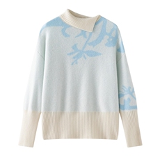 2025秋冬百搭时尚简约提花金银花高领侧开叉针织羊绒衫，女装针织衫/毛衣，木淼羊绒