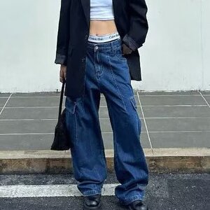 深蓝色工装牛仔裤女2025春夏季新款高腰显瘦美式高街直筒阔腿裤图片