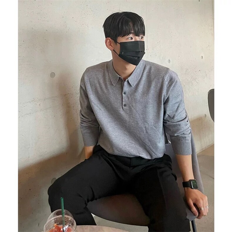 老钱风韩系轻熟百搭休闲长袖针织打底衫纯色翻领POLO衫PL137/P65图片