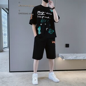 夏季短袖t恤男装潮流帅气宽松套装吸汗透气两件套F310P58，男装休闲套装，电商A086