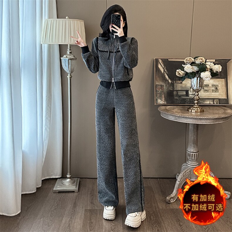 显瘦加绒时尚开衫卫衣阔腿裤两件套潮,女装套装/套裙,江南