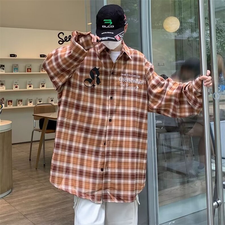 美式街头复古格子长袖衬衫男潮牌嘻哈刺绣宽松休闲百搭衬衣,男装衬衫,星座716-3
