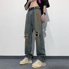 牛仔裤男夏季做旧复古高街裤子暗黑破洞直筒休闲裤N01453-P45，男装牛仔裤，星座308B-2