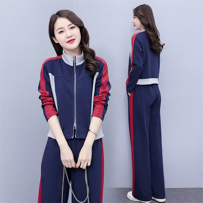 运动套装女春秋2025新款时尚显瘦开衫拼色休闲服立领卫衣两件套棉,女装套装/套裙,凝聚力