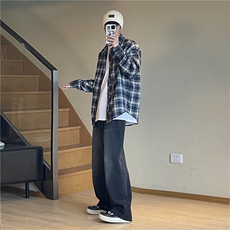 蓝色格子衬衫男夏季薄款长袖翻领衬衣青少年潮牌百搭休闲上衣外套，男装衬衫，电商A450