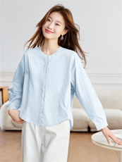 现货2026年新款春季简约优雅休闲时尚木耳边圆领女士纯棉透气衬衫，女装衬衫，木子恋