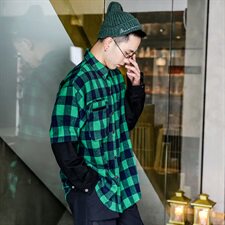 709-C810-P6520秋新款港风全棉假两件长袖衬衫宽松格子外套，男装衬衫，星座709