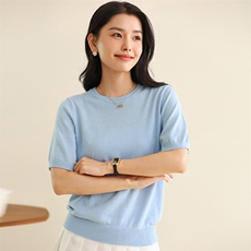 100%纯棉针织短袖女士2025夏季新款全面吸汗T恤圆领套头体恤上衣，女装T恤，伊绒腾羊绒