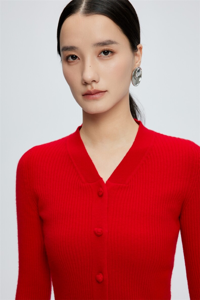 秋冬新款v领女纽扣修身红色开衫上衣针织,针织衫/毛衣,玛卡隆羊绒