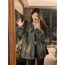 美式复古小众设计感拉链宽松水洗牛仔外套男女春季高街夹克上衣潮，男装工装外套，星座1210-1