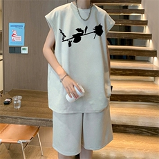 直播美式麂皮绒宽松背心无袖t恤短裤大码两件套套装TZ31-P58，男装T恤，电商A486