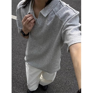 v领短袖polo衫男夏季重磅美式显肩宽廓形t恤boxy正肩半截袖 TZ107图片