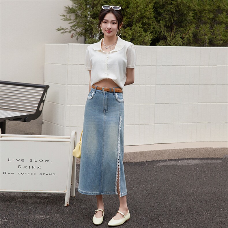 高腰蕾丝花边开叉牛仔半身裙女2025春季新款百搭设计感显瘦直筒裙,女装半身裙,美拉德工厂直营店