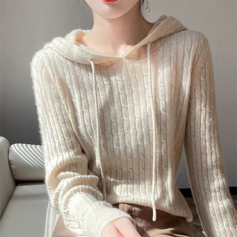 2025年秋季时尚百搭通勤简约休闲扭花帽衫，女装针织衫/毛衣，魅途羊绒