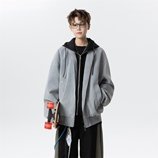 秋季新款连帽假两件皮衣大码夹克翻领宽松潮流外套A436-2531-P80，男装夹克，电商A436