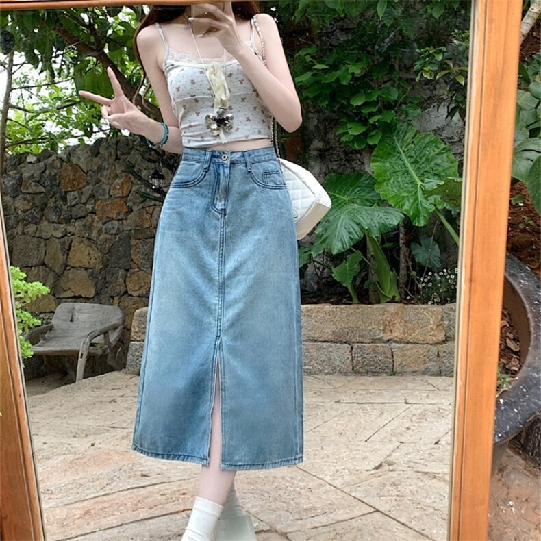 大码高腰开叉牛仔半身裙女夏季胖mm梨型身材遮胯中长款a字包臀裙图片
