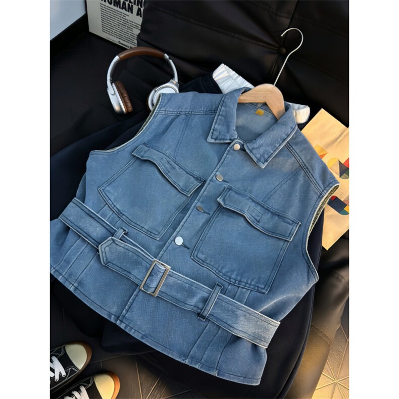 美式工装牛仔马甲男女夏季潮牌无袖坎肩背心潮流方领潮流夹克外套，男装背心/马甲，星座601-1