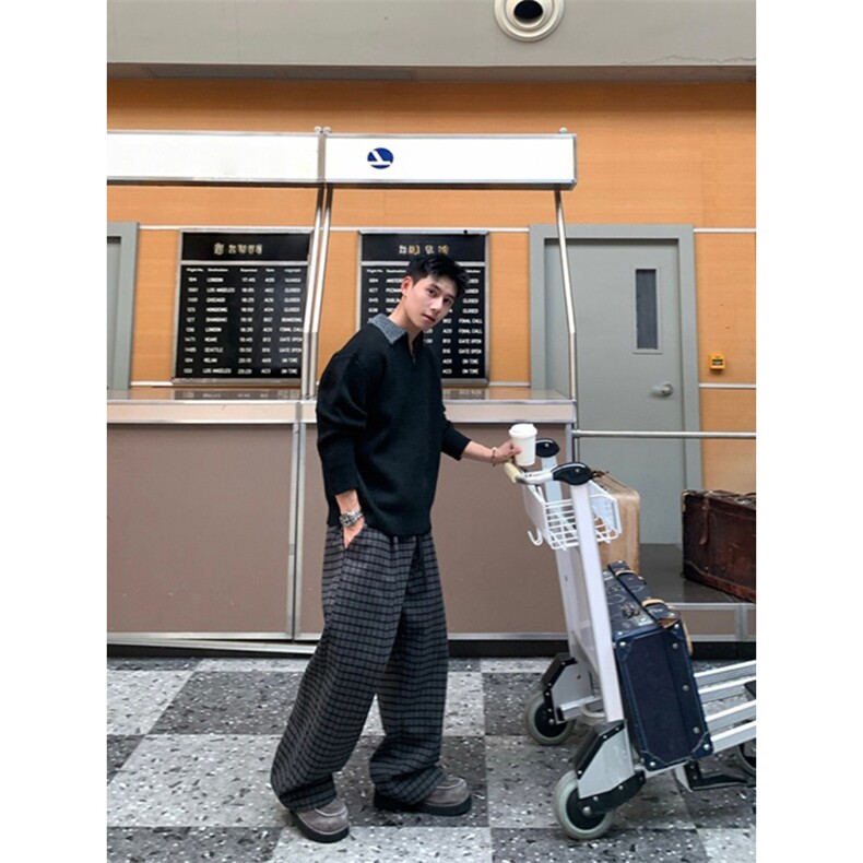 重磅北极绒假两件衬衫领毛衣美式高街复古休闲慵懒纯色翻领针织衫,男装针织衫/毛衣,电商A486