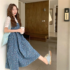 森系松弛感碎花牛仔吊带连衣裙套装女2025夏季新款蕾丝短袖两件套，女装套装/套裙，2C262