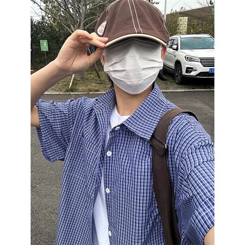 格子衬衫春夏美式短袖衬衫港风情侣装休闲衬衣 CS286-P30图片