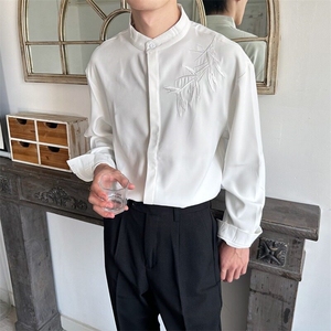 痞帅刺绣立领衬衫男长袖轻熟风男装春秋季垂坠感休闲衬衣 CA691图片