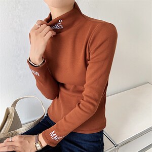 欧货加绒加厚半高领打底衫女2022秋冬t恤刺绣修身上衣潮图片
