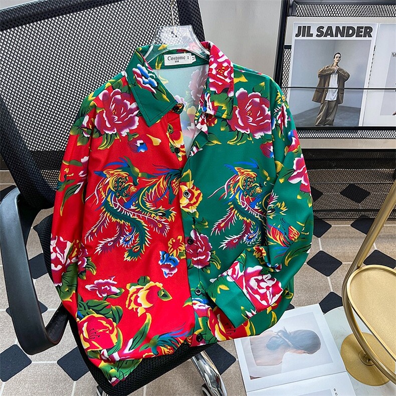 东北大花布拼接衣服衬衫男装长袖2024夏风设计衬衣CY728-P33,男装衬衫,星座412-3