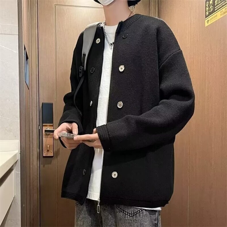 574-P50黑色针织开衫外套男款秋季美式纽扣毛衣慵懒高级感情侣,男装针织衫/毛衣,电商B323A