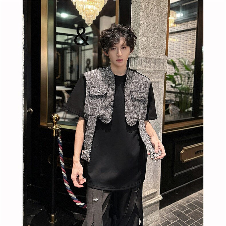 现货！25春夏男士垫肩小香风格纹拼接短袖T恤DX173-P78,男装T恤,电商B288