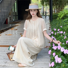 温柔风短袖上衣阔腿裤套装女夏新款松弛感宽松显瘦两件套，女装套装/套裙，水衣源