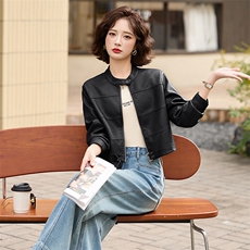 2025春秋季新款皮衣外套女短款立领时尚休闲小个子机车皮夹克上衣，女装皮衣，潮流依族