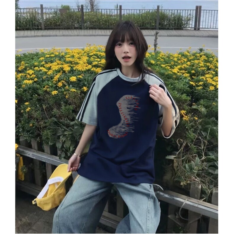 抖音得物品质二开240克宽松纯棉美式潮牌插肩三杠织带短袖T恤,男装T恤,电商A486