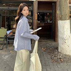 GINNKEE法式正肩蓝色条纹长袖衬衫女春法式翻领新款衬衣别致上衣，女装衬衫，慧峰