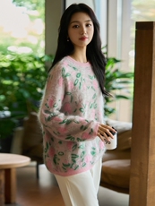 高端氛围感拉绒羊毛针织衫女韩系提花长袖保暖长毛宽松慵懒毛衣潮，女装针织衫/毛衣，暖烁羊绒