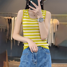 羊毛针织吊带背心女2023春夏新款修身外穿圆领内搭上衣条纹打底衫，女装背心吊带，蚂蚁派对工厂直营店