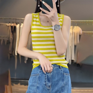 羊毛针织吊带背心女2023春夏新款修身外穿圆领内搭上衣条纹打底衫图片