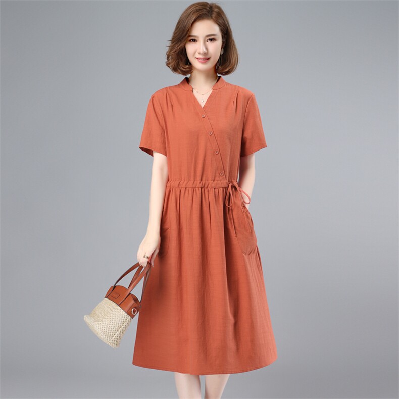 纯棉连衣裙女2023夏装新款中长款收腰显瘦V领妈妈洋气气质a字裙子,女装连衣裙,鑫鑫格