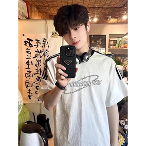 夏季美式高街重磅纯棉三条杠织带撞色男女短袖T恤ZD351-特P30图片